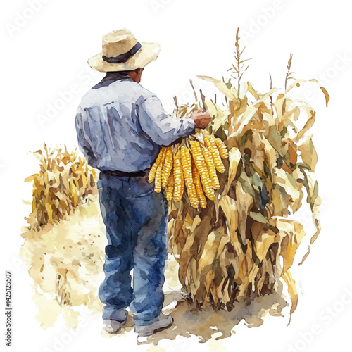 Farmer collecting sweet corn in the fall, watercolor illustration, isolated on a white background.

