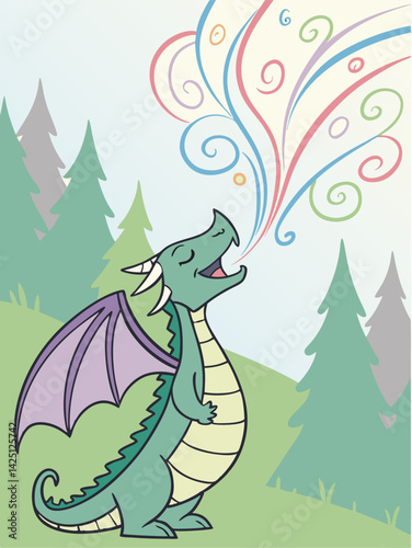 Cartoon Dragon Breathing Colorful Swirls in Forest Illustration: Cute Green Dragon Art for Kids, Fantasy Creature Graphic Design
