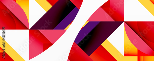 Abstract geometric composition. Vivid colors intersect, creating dynamic shapes. Bold reds, oranges, purples contrast with whites. Modern design, sharp angles, visual energy.