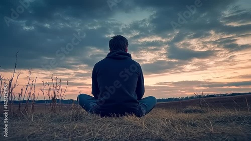 Serene Meditation: Man Sitting in Lotus Position Amidst Nature at Dusk in a Rural Landscape