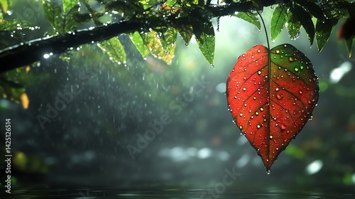Red and Green Leaf with Water Droplets Hanging Over Water