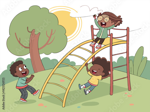 Children Playing on Playground Equipment Illustration: Happy Kids Climbing, Sliding, and Having Fun in the Park on a Sunny Day