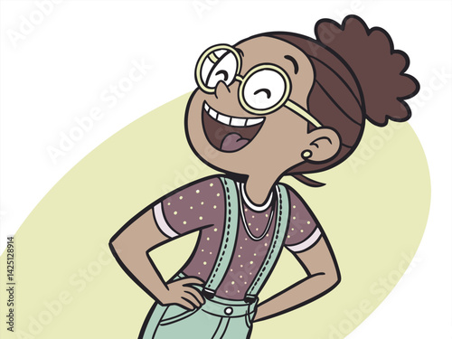 Cartoon Girl with Glasses: Smiling, Confident Character Illustration in Light Green and Brown Tones for Children's Books & Educational Materials