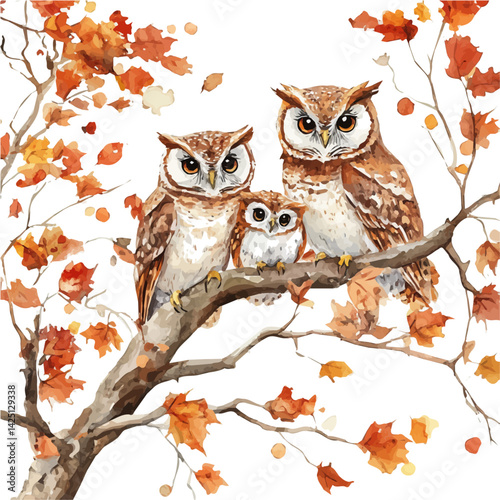 Family of owls perched in the trees surrounded by autumn, watercolor illustration, isolated on a white background.

