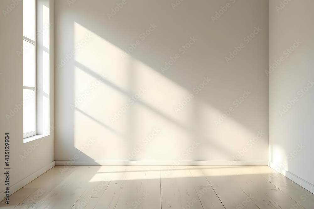 Fototapeta premium Serene Empty Room with Natural Light, A Minimalist Interior Featuring Soft Sunlight and White Walls in a Tranquil and Inviting Space for Contemplation