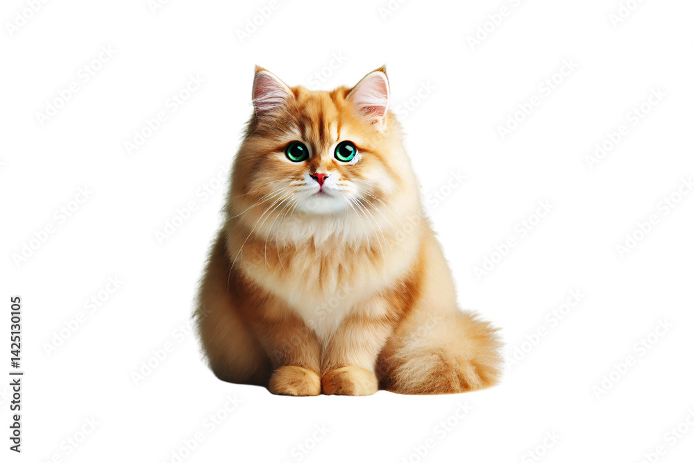 Obraz premium Wide-eyed golden cat sits upright, its plush fur glowing, exuding cuteness and warmth, isolated on a transparent background