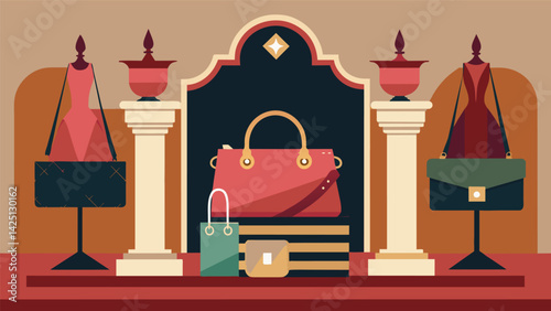 A display of opulence and style as vintage and designer bags are up for auction in a prestigious event.. Vector illustration