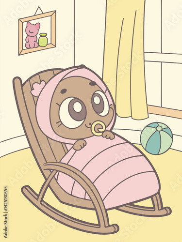 Cute Cartoon Baby in Pink Swaddling Clothes Rocking Chair, Pacifier, Big Eyes, Nursery Illustration