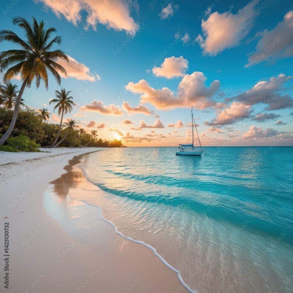 Fototapeta premium A solitary sailboat is anchored in the calm ocean waters during a breathtaking sunset, with vibrant hues of orange, pink, and purple reflecting on the waves, creating a serene atmosphere.