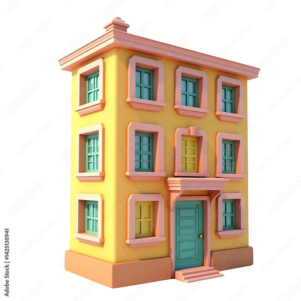 Obraz premium Cute yellow house pastel colors 3D render white background charming