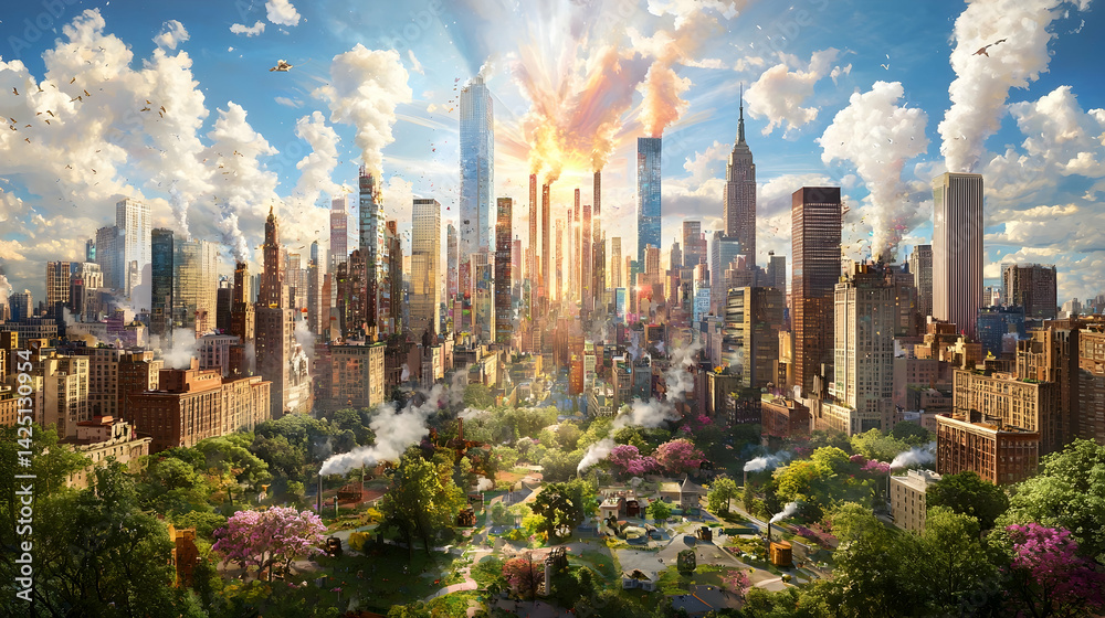 Obraz premium Cityscape sunrise pollution industrial cityscape park environmental impact