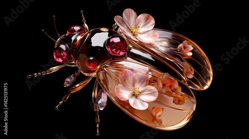 Top View of a Rose Gold Ladybug with Transparent Glass Wings Filled with Dried Flowers