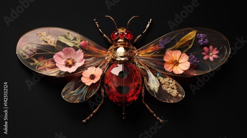Top View of a Rose Gold Ladybug with Transparent Glass Wings Filled with Dried Flowers