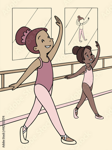 Ballet Class Illustration: Two Young Girls in Pink Leotards Practicing Dance Poses in a Studio with Mirrors, Artistic Style