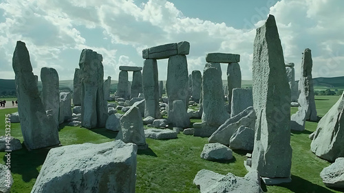 Stonehenge panorama ancient stones, summer sky, tourists visiting, historic site