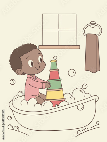 Baby Bath Time Fun: Cartoon Illustration of a Child Playing with Stacking Cups in a Bubble Bath near Window with Towel, Cute and Playful Art