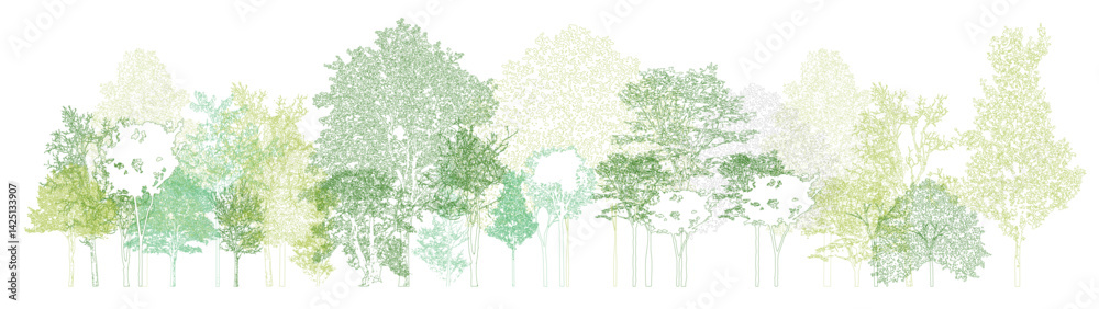 Architectural Drawings, Minimal style cad tree line drawing, Side view, set of section wetland forest outline for landscape design drawing. Vector illustration in separate element