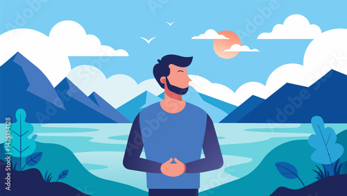 A man standing in front of a scenic view taking deep breaths and saying affirmations to stay calm and centered during a stressful time..