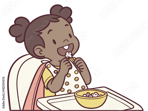 Cute Cartoon Toddler Girl Eating Cereal in High Chair with Bib Illustration for Kids Nutrition and Healthy Eating Content