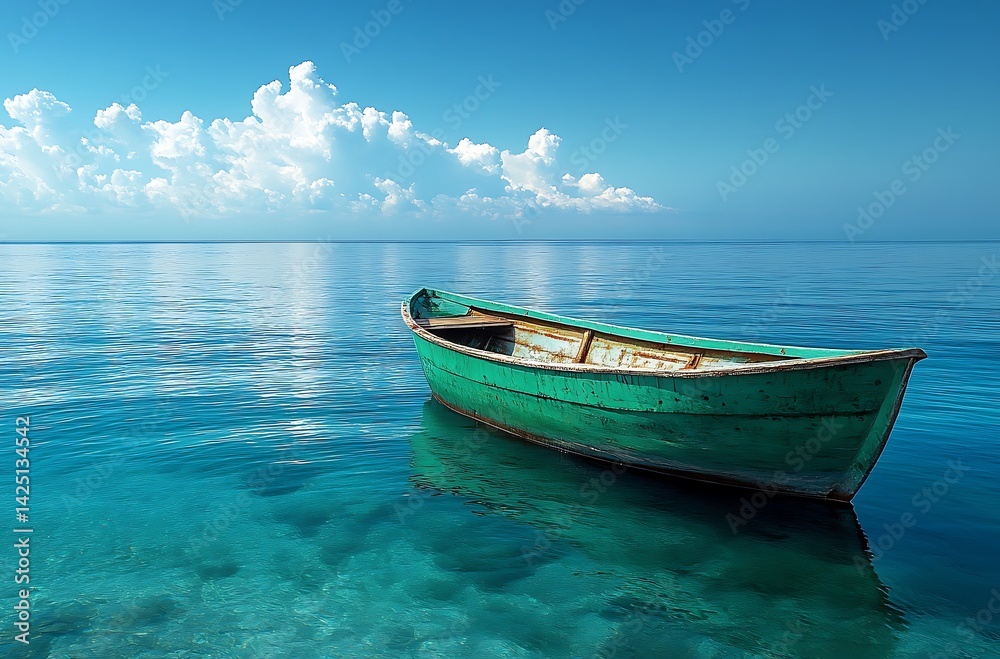 Naklejka premium Tranquil green boat floating on clear turquoise water under a blue sky