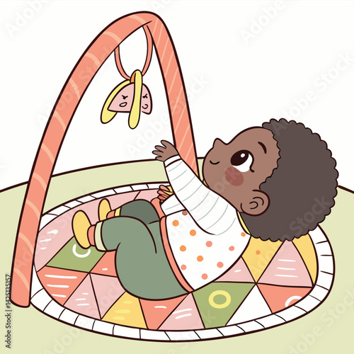 Cute Cartoon Baby Playing on Activity Mat with Hanging Toys, Pastel Illustration Style