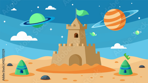 A sandcastle resembling a scene from a alien invasion movie with spaceships and extraterrestrial creatures emerging from the sand..