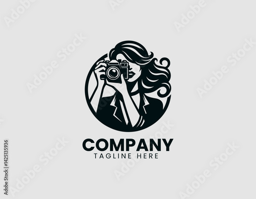 Stylish Woman Taking Photo Vintage Camera Vector Logo Design