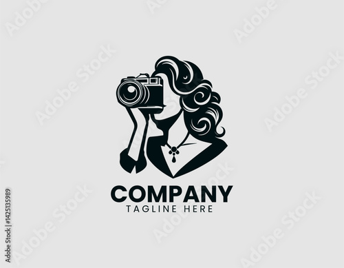 Stylish Woman Taking Photo Vintage Camera Vector Logo Design