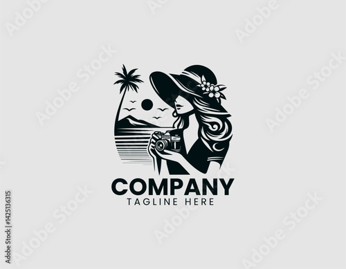 Stylish Woman Taking Photo Vintage Camera Vector Logo Design
