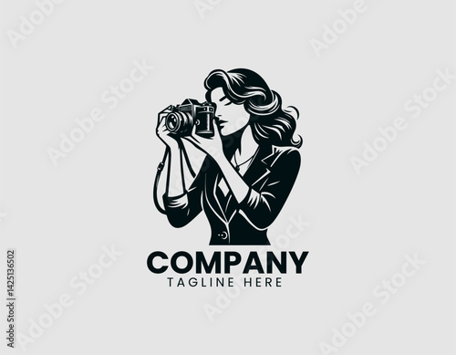 Stylish Woman Taking Photo Vintage Camera Vector Logo Design
