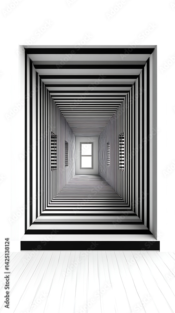 Fototapeta premium A perspective view of a tunnel-like corridor with layered lines leading to a window.