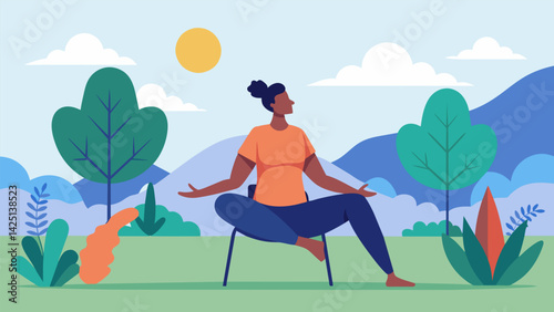 A person with limited mobility sitting in a chair outdoors surrounded by beautiful nature as they engage in chair yoga poses to improve their overall. Vector illustration