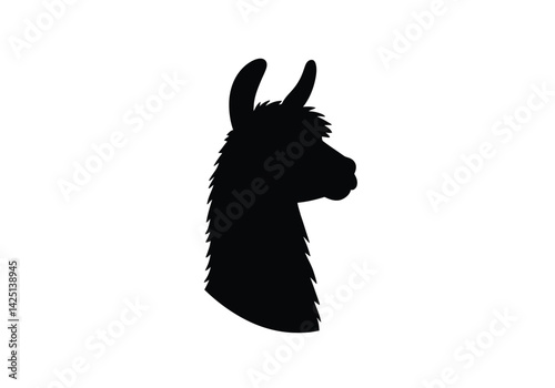 Llama head silhouette. This image shows a black silhouette of a llama's head in profile view, highlighting its distinct fur, ears, and facial features. Vector clipart illustration design.