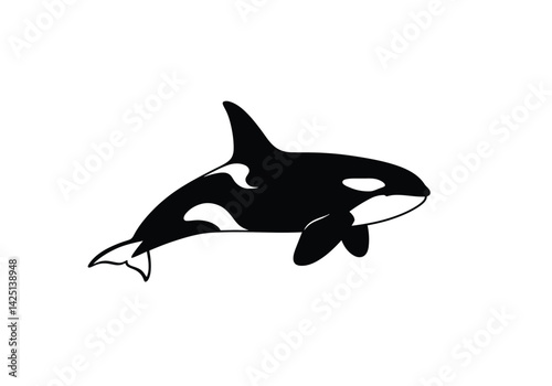 Killer whale silhouette. This image shows a black and white vector clipart illustration of an orca, known as a killer whale, depicted in a bold silhouette style. Vector clipart illustration design.