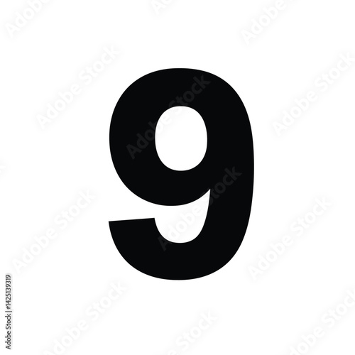 Number 9 silhouette. This image features a bold, black number 9 in a simple, clean, and minimal style, symbolizing numeral, digit, and typography. Vector clipart illustration design.