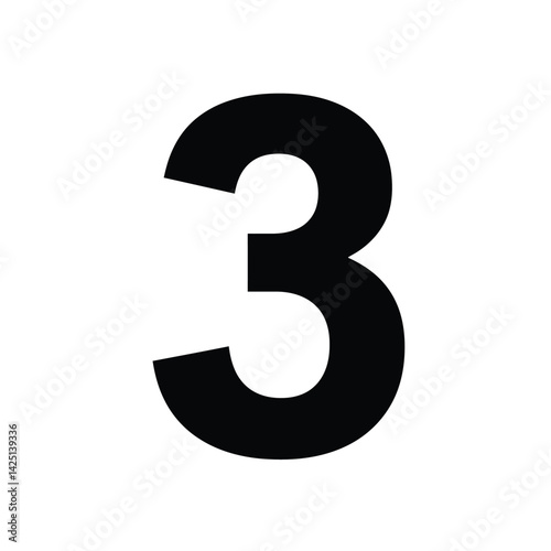 Number 3 silhouette. This image shows a bold, black number 3 on a white background. It is a simple and clear representation of the numeral three. Vector clipart illustration design.