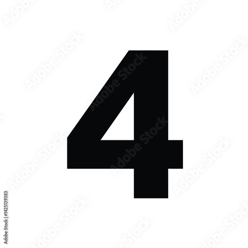 Number 4 silhouette. This image shows a bold, black number 4 on a white background. It is a simple and clear representation of the numeral four. Vector clipart illustration design.