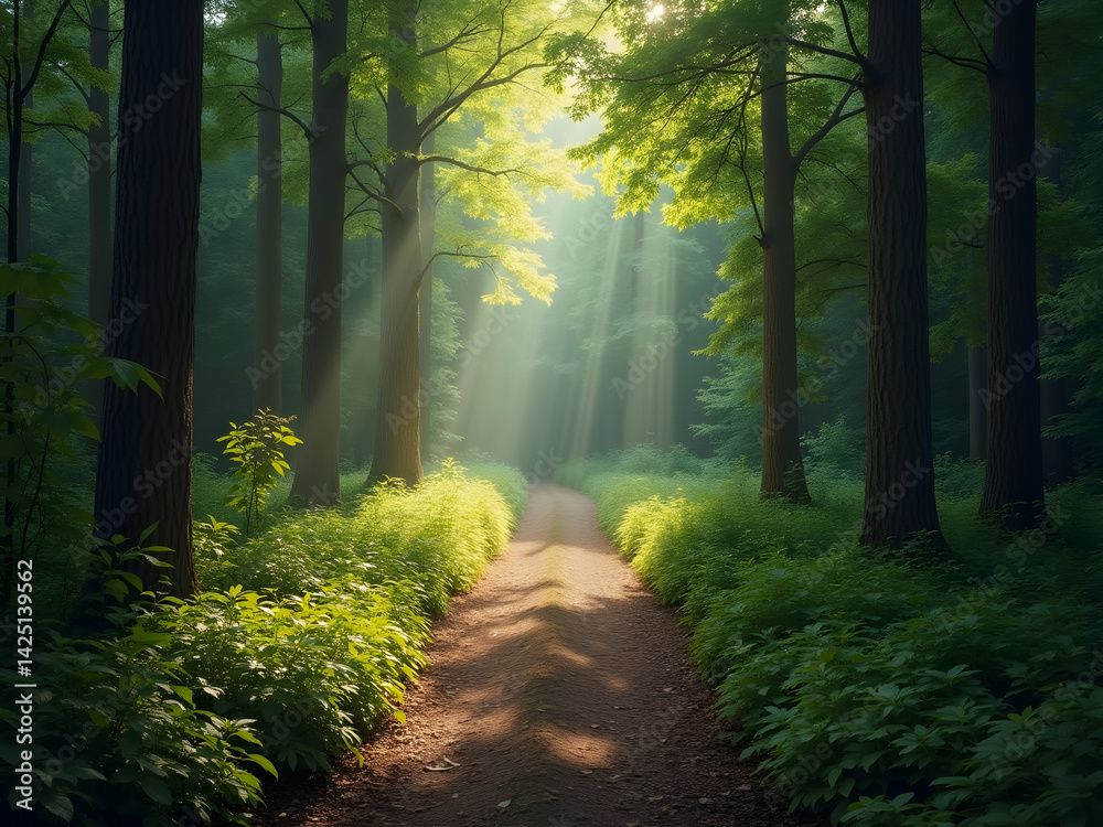 Fototapeta premium Sun-Dappled Forest Path, A Tranquil Journey Through Nature's Embrace with Sunlight Filtering Through the Trees creating a Sense of Peace and Serenity