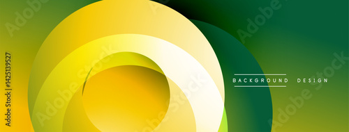 Abstract design features layered circular shapes. Yellow, green hues blend smoothly creating dynamic visual effect. Modern aesthetic suitable for backgrounds, presentations.