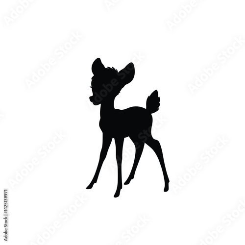 Bambi silhouette. This image shows a black silhouette of a young deer, commonly known as Bambi, standing with its head slightly turned. Vector clipart illustration design.