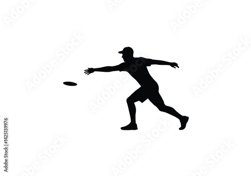 Disc golfer silhouette. This image shows a person in a dynamic pose, reaching out to throw a disc, also known as a frisbee, in an action-packed stance. Vector clipart illustration design.