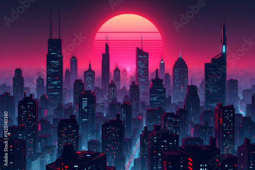 Synthwave Dreams, A Glowing Cyberpunk Cityscape Bathed in Neon Hues, Showcasing Futuristic Architecture Under a Retro-Inspired Sun for a Bold, Modern Aesthetic