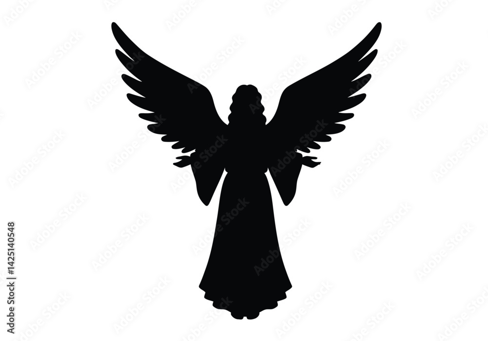 Obraz premium Christmas angel silhouette. This image shows a black silhouette of an angel with outstretched wings, often associated with Christmas and religious themes. Vector clipart illustration design.