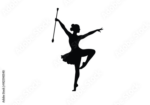 Baton twirler silhouette. A black silhouette of a baton twirler in a dynamic pose, showcasing balance, grace, and skill in a rhythmic performance. Vector clipart illustration design.