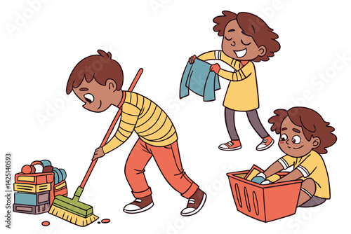 Kids Cleaning Up: Cartoon Illustration of Children Sweeping, Folding Clothes, and Organizing Toys in a Basket for Home Chores