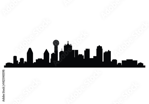 Dallas skyline silhouette. This image features a black silhouette of Dallas city skyline, highlighting its iconic architecture, skyscrapers, and urban landscape. Vector clipart illustration design.