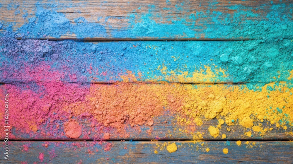 A close-up of colorful Holi powder spread on a wooden surface, leaving a wide empty space for text or branding. A close-up of colorful Holi powder spread on a wooden surface, leaving a wide empty space for text or branding.