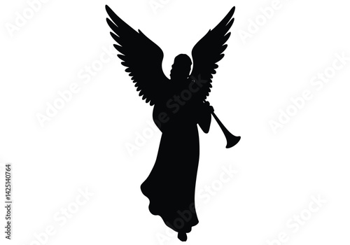 Angel Moroni silhouette. A black silhouette of the Angel Moroni holding a trumpet with wings spread wide, symbolizing a religious and spiritual figure. Vector clipart illustration design.