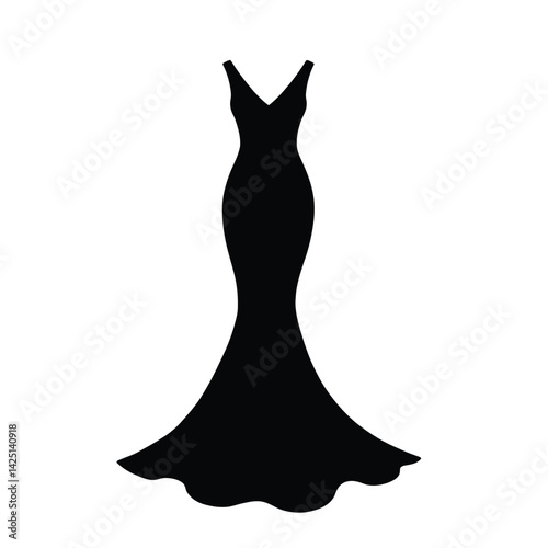 Mermaid silhouette dress. This image shows a black mermaid silhouette dress with a fitted waist and flared hem, representing elegance and fashion. Vector clipart illustration design.