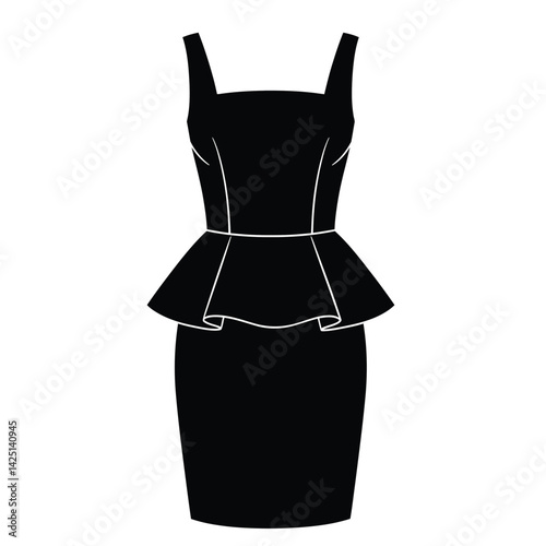 Peplum silhouette. This image shows a black dress with a peplum design, characterized by a fitted bodice and a flared waist detail. Vector clipart illustration design.